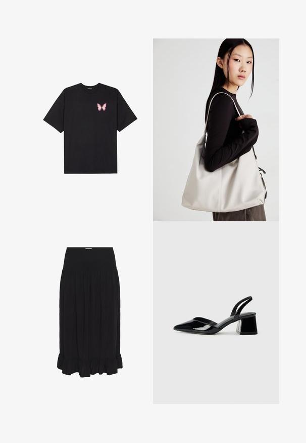 T-shirt nera in cotone con maniche corte, caratterizzata da una piccola grafica di una farfalla rosa sul lato sinistro del petto. Design a girocollo con una vestibilità rilassata.; Gonna nera midi con vita arricciata, realizzata in tessuto leggero, con pieghe e un orlo arricciato per un tocco di dettaglio in più.; Décolleté in vernice nera con punta affusolata e tacco in geometria cubica. Presentano un design elegante e minimalista, con una texture liscia.; Borsa a mano beige realizzata in materiale morbido, caratterizzata da un design morbido, dettagli cuciti e due manici. Adatta per l'uso quotidiano.