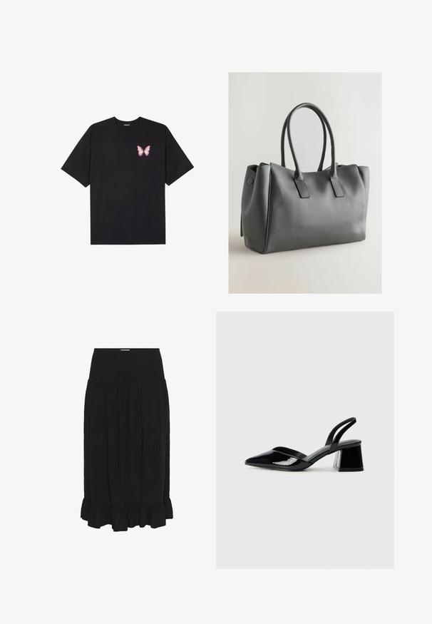Fekete pamut póló rövid ujjakkal, bal mellkason egy kis rózsaszín pillangó grafikával. Kerek nyakú kialakítás, laza fazonnal.; Fekete midi szoknya húzott derékkal, könnyű anyagból készült, pleat-ekkel és fodros aljjal a részletek kiemeléséért.; Fekete lakk bőr szandálkés magas sarkú cipő, hegyes orral és geometrikus tömbsarkakkal. Karcsú, minimalista dizájn és sima textúra jellemzi.; Szürke bőrtáska dupla fogantyúval, téglalap alakú, sima textúrával és minimális designnal. Lapos oldalpanelekkel és diszkrét varrással rendelkezik.
