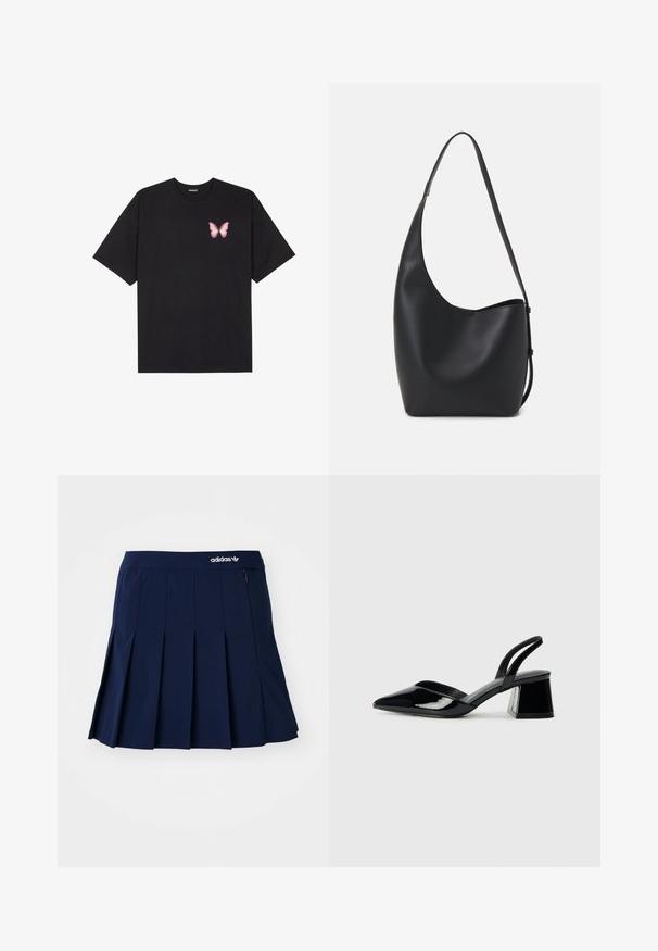 Black cotton t-shirt with short sleeves, featuring a small pink butterfly graphic on the left chest. Crew neck design with a relaxed fit.; Navy pleated skirt made of lightweight fabric; features an elastic waistband and a small zip pocket, with a white Adidas logo on the front.; Black patent leather slingback heels with a pointed toe and a geometric block heel. Features a sleek, minimal design and smooth texture.; Black leather hobo bag with a smooth texture, curved shape, and single adjustable strap; features a wide opening at the top.