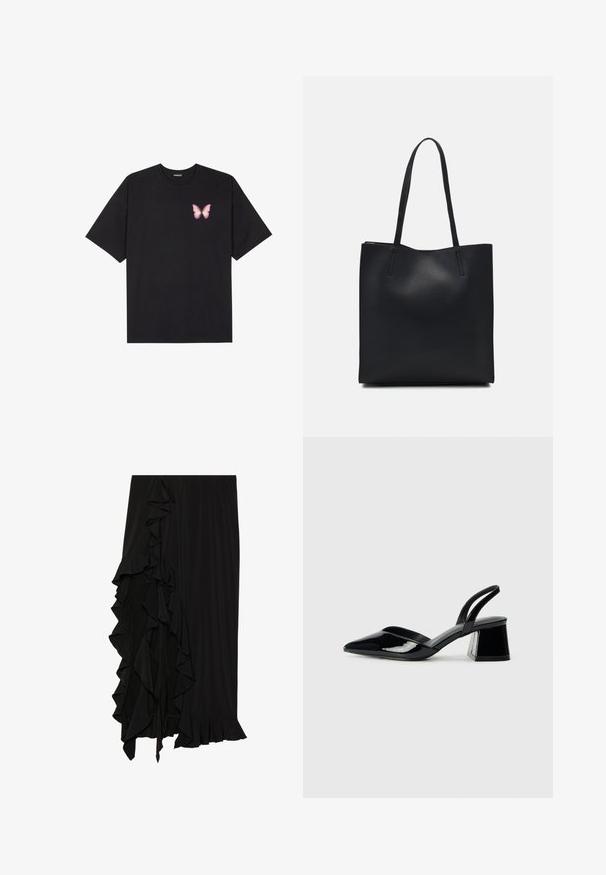 Fekete pamut póló rövid ujjakkal, bal mellkason egy kis rózsaszín pillangó grafikával. Kerek nyakú kialakítás, laza fazonnal.; Fekete szoknya, puha anyagból, bal oldalán fodros részlettel és lebegő szegéllyel az alján, amely áramló sziluettet teremt.; Fekete lakk bőr szandálkés magas sarkú cipő, hegyes orral és geometrikus tömbsarkakkal. Karcsú, minimalista dizájn és sima textúra jellemzi.; Fekete bőrtáska sima felszínnel, téglalap alakú, két hosszú füllel. Nincs látható fémkiegészítő vagy díszítés.