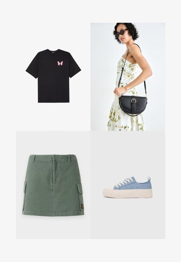 Must muströöpidega must puuvillane T-särk, vasakul rinnal on väike roosa liblikas. Ümar kaelus ja vabalt istuv lõige.; Roheline denim seelik kitsaste vöökohtadega, kahe küljetasku ja meie paremas alanurgas oleva plaadiotsaga. Sile tekstuur kerge läikega.; Heledad sinised kangast tennisekingad koorevärvi kummist varbakatte ja taldaga, millel on valged paelad ja tõmblukk kandadel.; Mustmust mustraha kõverate joontega, eemaldatava rihmaga ja kuldsete detailidega. Kotil on klapp, millel on pandladetail.