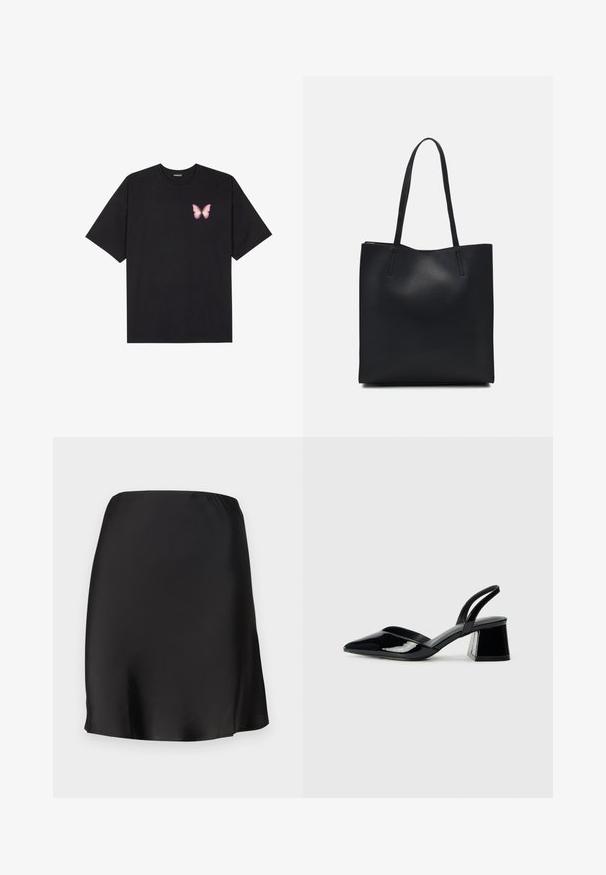 T-shirt de algodão preto com mangas curtas, apresentando um pequeno gráfico de borboleta rosa no lado esquerdo do peito. Design de gola redonda com um corte solto.; Saia mini preta em satin com um cós elástico, textura suave e corte simples. Sem padrões ou detalhes.; Sandy em verniz preto com salto slingback, ponta afilada e salto geométrico. Apresenta um design elegante e minimalista com textura suave.; Bolsa tote preta em couro com textura lisa, forma retangular e duas alças longas. Sem hardware ou enfeites visíveis.
