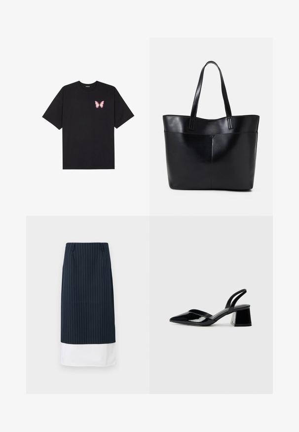 Crna pamučna majica s kratkim rukavima, s malim grafičkim prikazom ružičaste vjetricaste s desne strane na prsima. Dizajn s okruglim izrezom i opuštenim krojem.; Navy plavi suknja s pinstriped uzorkom i slojevitim bijelim rubom, s ravnim dizajnom i suptilnim prednjim nabora. Izrađena je od glatkog materijala.; Crne lakirane kožne sandale s otvorenom petom i špicastim vrhom, s geometrijskom blok petom. Imaju elegantan, minimalistički dizajn i glatku teksturu.; Crna kožna torba s dugim ručkama, glatkom teksturom i strukturiranim oblikom. Ima prednju džep za dodatno pohranu.