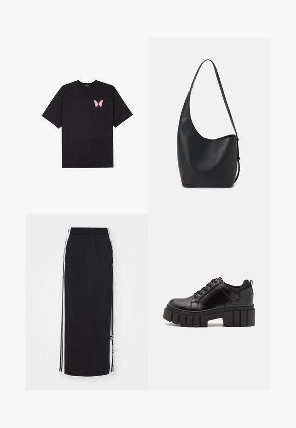 Juodas medvilnės marškinėliai trumpomis rankovėmis, su maža rožine drugelio grafika kairėje krūtinės pusėje. Apvalus kaklo iškirpimas, laisvas kirpimas.; Juoda sportinė sijonas su baltais šonais, elastinga juosmens dalimi ir logotipo detalėmis. Pagamintas iš kvėpuojančios medžiagos, iki kelių ilgio.; Juodi odiniai platformos batai su masyviu blokuota kulniuku, apvalia nosimi ir tradiciniu šnypštimo dizainu. Turintys glotnų paviršių ir minimalų dekoravimą.; Juodas odinis hobo maišas su lygiu paviršiumi, kreipta forma ir viena reguliuojama rankena; turi platų atidarymą viršuje.