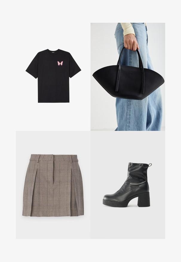 Sort bomulds T-shirt med korte ærmer, prydet med en lille pink sommerfugl grafik på venstre bryst. Rund hals design med en afslappet pasform.; Brunternetternederdel med en tætsiddende talje, plisseringer i siderne og et mønstret tekstur, lavet af et let vævet stof.; Sorte ankelstøvler lavet af glat læder, med en sidelukning, kraftig struktureret hæl og rundt tådesign.; Sort læderhåndtaske med en unik vifteform, der har flade håndtag. Overfladen har en pebblelignende tekstur og et minimalistisk design.