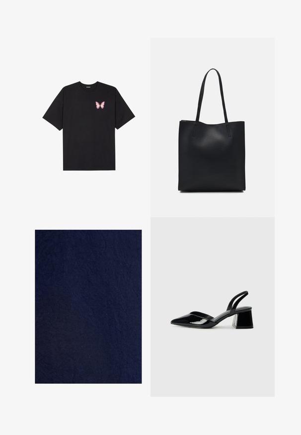 Čierne bavlnené tričko s krátkymi rukávmi, s malým ružovým motýlikom na ľavej hrudi. Design s okrúhlym výstrihom a uvoľneným strihom.; Námornícky modrá textúrovaná látka s zvrásneným vzhľadom, vyrobená z jemného textilného materiálu, s jemnými tónovými variáciami.; Čierne lakované kožené sandálové podpätky s špicatou špičkou a geometrickým blokovým podpätkom. Disponujú elegantným, minimalistickým dizajnom a hladkým povrchom.; Čierna kožená taška na rameno s hladkým povrchom, obdĺžnikovým tvarom a dvoma dlhými uchami. Bez viditeľného kovania alebo ozdôb.