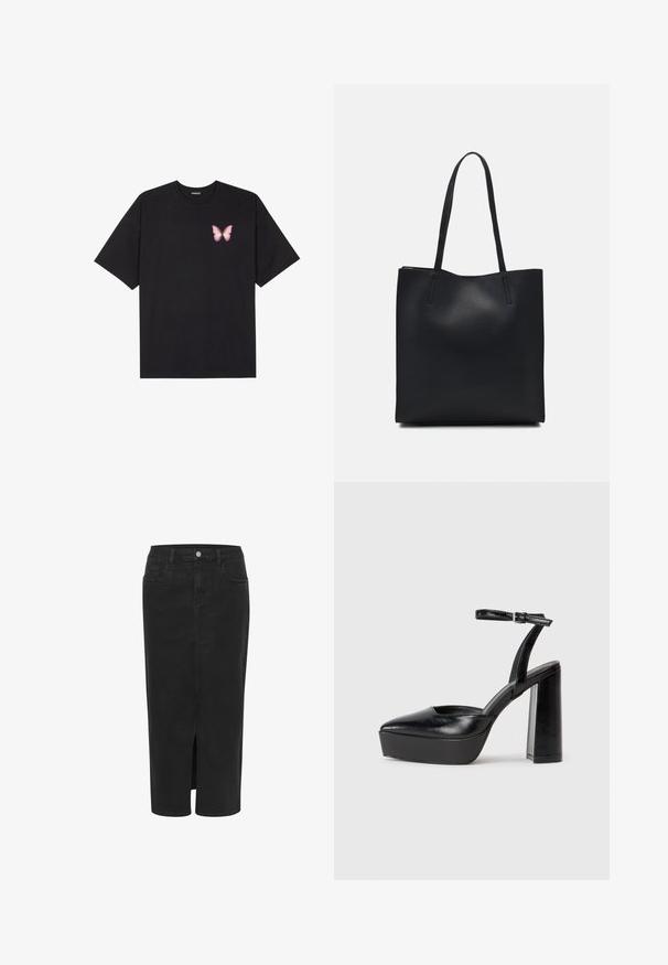 Melna kokvilnas T-krekls ar īsām piedurknēm, kuram priekšā kreisajā pusē ir neliels rozā tauriņa grafiskais attēls. Ar apaļu kaklu un brīvā stila piegriezumu.; Melnas denima midi svārki ar priekšējo šķēlumu, taisnu griezumu, piecām kabatām, pogu aizdari un jostas cilpām. Mīksta tekstūra un klasiskā dizaina.; Melnas platformas papēžs ar norādītu purngala formu un regulējamu potītes siksniņu. Izgatavotas no gludas ādas, ar masīvu bloku papēdi.; Melnas ādas somiņa ar gludu tekstūru, taisnstūra formu un divām garām rokturiem. Nav redzamu aparatūras vai rotājumu.