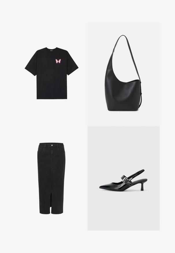 Black cotton t-shirt with short sleeves, featuring a small pink butterfly graphic on the left chest. Crew neck design with a relaxed fit.; Black denim midi skirt with front slit, straight cut, five pockets, button closure, and belt loops. Soft texture and classic design.; Black patent leather slingback heels with a pointed toe and a small block heel, featuring a silver buckle accent on the strap.; Black leather hobo bag with a smooth texture, curved shape, and single adjustable strap; features a wide opening at the top.