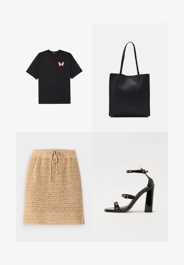 T-shirt en coton noir à manches courtes, avec un petit graphique de papillon rose sur la poitrine gauche. Modèle à col rond avec une coupe décontractée.; Jupe beige en tricot avec un design en tissage ouvert et texturé. Présente une taille à cordon pour un ajustement optimal. L'ourlet est droit.; Sandales à talons vernies noires avec un bout carré, des sangles autour de la cheville et des boucles en argent. Dotées d'un talon bloc épais pour plus de stabilité.; Sac fourre-tout en cuir noir avec une texture lisse, de forme rectangulaire et deux longues poignées. Pas de matériel ou d'ornementations visibles.