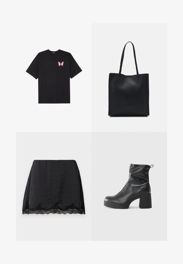 Black cotton t-shirt with short sleeves, featuring a small pink butterfly graphic on the left chest. Crew neck design with a relaxed fit.; Black satin mini skirt with a straight cut, featuring a scalloped lace trim at the hem, smooth texture, and elastic waistband.; Black ankle boots made of smooth leather, featuring a side zipper, chunky textured heel, and rounded toe design.; Black leather tote bag with smooth texture, rectangular shape, and two long handles. No visible hardware or embellishments.