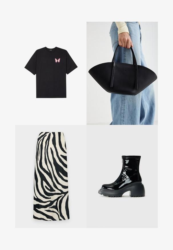Crna pamučna majica s kratkim rukavima, s malim grafičkim prikazom ružičaste vjetricaste s desne strane na prsima. Dizajn s okruglim izrezom i opuštenim krojem.; Maxi suknja s crno-bijelim prugama poput zebre, glatke teksture, s visokim strukom i ravnim siluetom.; Sjajna crna platforma čizma do gležnja s zaobljenim vrhom, debelim potplatom, zatvaranjem na zip i debelim rebrastim potplatom na bijeloj pozadini.; Crna kožna torba jedinstvenog oblika ventilatora, s ravnim ručkama. Površina ima teksturu sličnu šljunku i minimalistički dizajn.