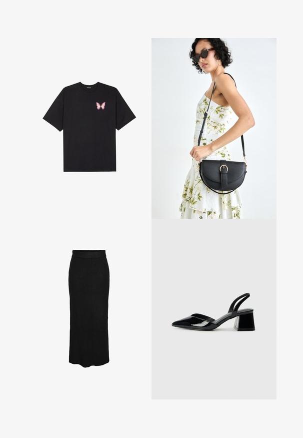 Melna kokvilnas T-krekls ar īsām piedurknēm, kuram priekšā kreisajā pusē ir neliels rozā tauriņa grafiskais attēls. Ar apaļu kaklu un brīvā stila piegriezumu.; Pieces Maksi svārki - black; Melna lakota āda ar atvērto papēdi, ar smailu purngalu un ģeometrisku blokpapēdi. Iezīmējas elegants, minimāls dizains un gluda tekstūra.; Melnas ādas rokassoma ar izliekta formu, noņemamu siksnu un zelta aksesuāriem. Somai ir vāciņš ar sprādzes detaļu.