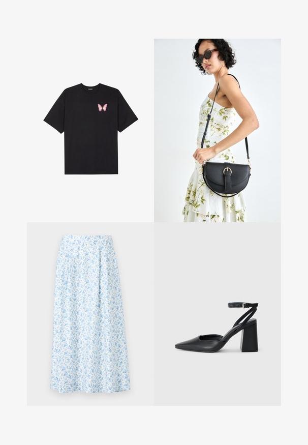 Black cotton t-shirt with short sleeves, featuring a small pink butterfly graphic on the left chest. Crew neck design with a relaxed fit.; Floral midi skirt in white and light blue, featuring a gathered waist, flared silhouette, and delicate blue floral pattern throughout.; Black leather pointy-toe pump with an ankle strap and a chunky heel. Flat texture, sleek design, and minimalistic aesthetics.; Black leather handbag with a curved shape, detachable strap, and gold hardware. The bag features a flap with a buckle detail.