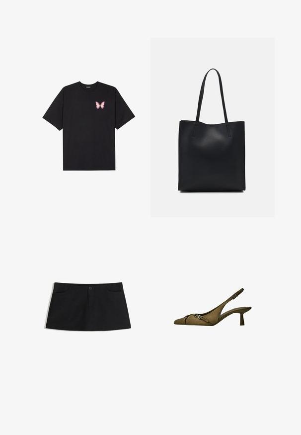 Černé bavlněné tričko s krátkým rukávem, na levém prsou s malou grafikou růžové motýlky. Design s kruhovým výstřihem a volným střihem.; Černá sukně ke kolenům vyrobená z měkké tkaniny. Má dvě přední kapsy a zapínání na jeden knoflík v pase.; Sukně olivově zelené semišové lodičky na podpatku se špičatou špičkou, nastavitelným popruhem a detailním stříbrným sponou; nízký, rozšířený podpatek pro stabilitu.; Černá kožená taška přes rameno s hladkým povrchem, obdélníkovým tvarem a dvěma dlouhými uchy. Žádné viditelné kování ani ozdoby.