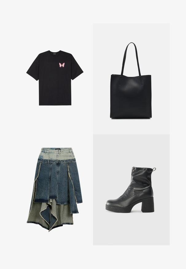 Camiseta de algodón negra de manga corta, con un pequeño gráfico de mariposa rosa en el lado izquierdo del pecho. Diseño de cuello redondo con un corte relajado.; Falda de mezclilla con un diseño de patchwork en tonos variados de azul y verde, bordes deshilachados, dobladillo asimétrico y múltiples paneles.; Botines negros de tobillo, hechos de cuero suave, con cierre lateral, tacón grueso texturizado y diseño de punta redondeada.; Bolso tote de cuero negro con textura lisa, forma rectangular y dos asas largas. Sin herrajes ni adornos visibles.