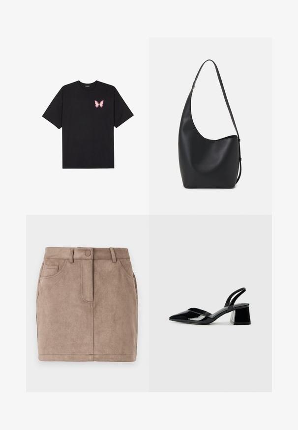 Svart bomulls T-skjorte med korte ermer, med en liten rosa sommerfugl grafikk på venstre bryst. Crew-neck design med en avslappet passform.; Tan, semsket miniskjørt med rett snitt, frontlukking med knapper, fem lommer og beltehemper; myk tekstur og jevn overflate.; Svarte patentlær slingback hæler med spiss tå og geometrisk blokk hæl. Har et stilrent, minimalistisk design og jevn tekstur.; Svart lær hobo-veske med glatt tekstur, buet form og enkelt justerbart stropp; har en bred åpning på toppen.