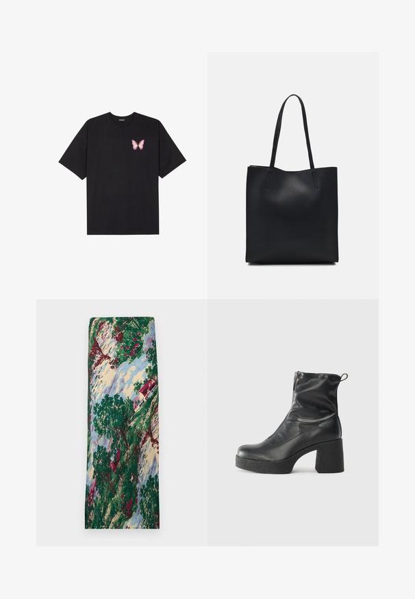 T-shirt nera in cotone con maniche corte, caratterizzata da una piccola grafica di una farfalla rosa sul lato sinistro del petto. Design a girocollo con una vestibilità rilassata.; Tessuto stampato con un paesaggio che presenta alberi verdi, fiori rossi, una casa con tetto rosso e un cielo blu. Texture liscia.; Stivali neri alla caviglia in pelle liscia, con zip laterale, tacco spesso e texture, e punta arrotondata.; Borsa tote in pelle nera con texture liscia, forma rettangolare e due manici lunghi. Nessun hardware o decorazione visibile.