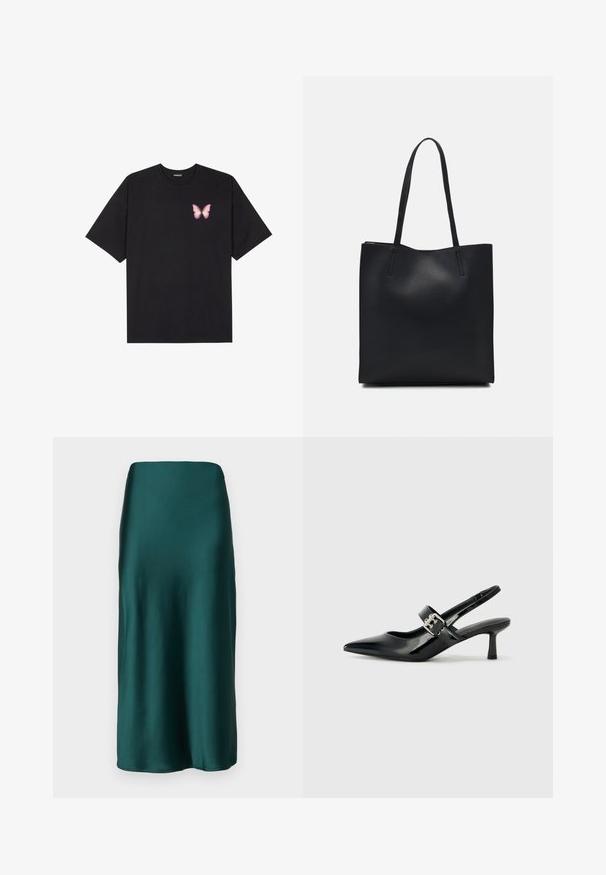 Black cotton t-shirt with short sleeves, featuring a small pink butterfly graphic on the left chest. Crew neck design with a relaxed fit.; Gina Tricot ELASTIC MIDI SKIRT - Maxi skirt - ponderosa pine; Black patent leather slingback heels with a pointed toe and a small block heel, featuring a silver buckle accent on the strap.; Black leather tote bag with smooth texture, rectangular shape, and two long handles. No visible hardware or embellishments.