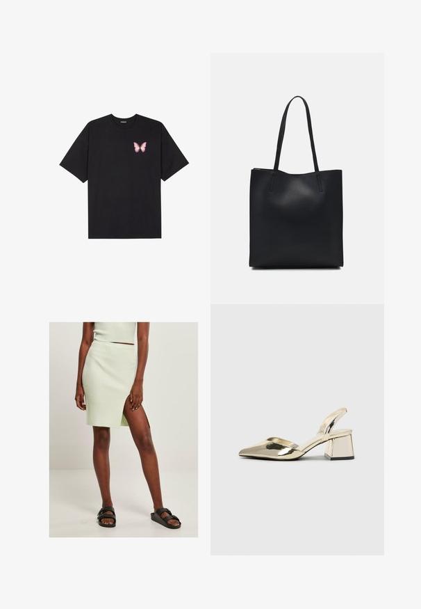 Svart bomullströja med korta ärmar, med en liten rosa fjärilsgrafik på vänster bröst. Rundad halsdesign med en avslappnad passform.; Ljusgrön ribbad stickad kjol med en hög slits vid låret, tillsammans med svarta sandaletter i slide-stil. En enkel, figurnära design framhäver struktur och färg.; Guld, metalliska slingback-klackar med spetsig tå och chunky klack. Slät textur, minimalistisk design och en smal rem.; Svart lädertoffelväska med slät textur, rektangulär form och två långa handtag. Ingen synlig hårdvara eller dekorationer.
