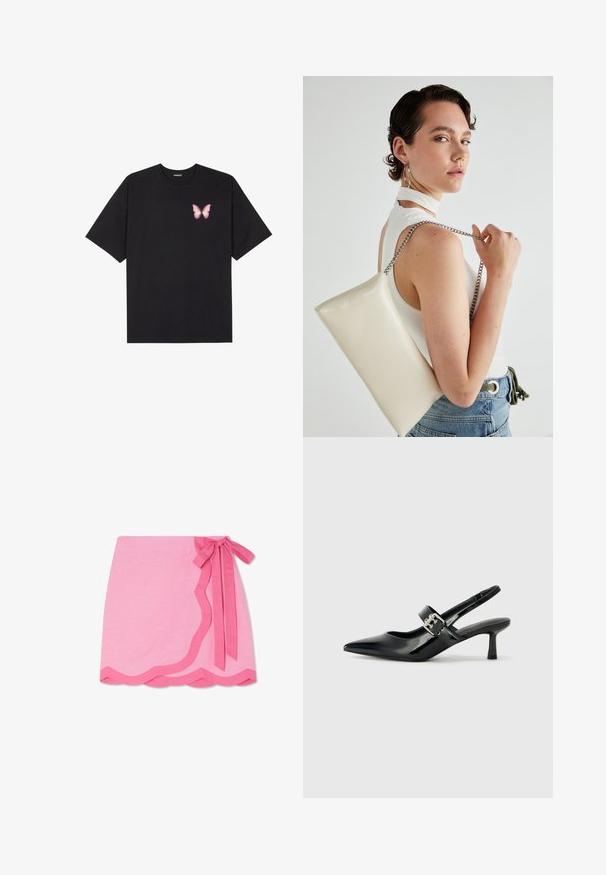 Schwarzes Baumwoll-T-Shirt mit kurzen Ärmeln, das ein kleines pinkes Schmetterlingsmotiv auf der linken Brust zeigt. Crewneck-Design mit einem entspannten Schnitt.; Rosa Leinen-Wickelrock mit gewelltem Saum, ausgestattet mit einer kontrastierenden, dunkleren rosa Schleife an der Taille und einer glatten Textur.; Schwarze Lackleder Slingback-Absätze mit spitzem Zeh und kleinem Blockabsatz, ausgestattet mit einem silbernen Schnallenakzent am Riemen.; Weiße rechteckige Clutch aus glänzendem Material mit einem silbernen Kettenriemen. Das Model posiert und präsentiert die Tasche vor einem schlichten Hintergrund.