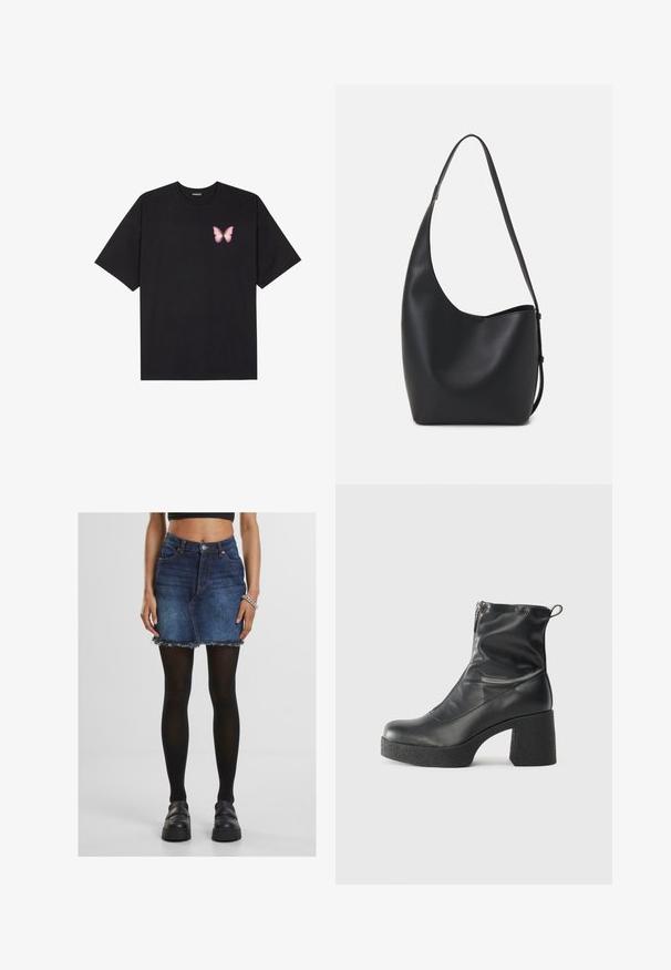 Fekete pamut póló rövid ujjakkal, bal mellkason egy kis rózsaszín pillangó grafikával. Kerek nyakú kialakítás, laza fazonnal.; Farmer mini szoknya rojtos szegéllyel, magas derekú, elülső zsebekkel és kék mosással. Fekete opál harisnyával és tömör fekete cipőkkel viselve.; Fekete bokacsizmák sima bőrből, oldalsó cipzárral, vastag, texturált sarkú és lekerekített orrú dizájnnal.; Fekete bőr hobo táska sima textúrával, ívelt formával és egyetlen állítható pánttal; széles nyílás található a tetején.