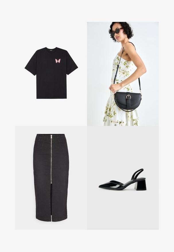 Juodas medvilnės marškinėliai trumpomis rankovėmis, su maža rožine drugelio grafika kairėje krūtinės pusėje. Apvalus kaklo iškirpimas, laisvas kirpimas.; Juodas džinsinis midi sijonas su priekyje užtraukiama užtrauktuku, turi priekinius plyšius, tvirtą juosmenį ir subtilius siuvinėjimo detalius.; Juodos lakuotos odinės šlepetės su smailiu pirštu ir geometriniu bloko kulnu. Turi elegantišką, minimalistinį dizainą ir lygų paviršių.; Juodas odinis krepšys su išlenkta forma, nuimamu dirželiu ir auksiniais detalėmis. Krepšys turi kilpą su sagtimi.