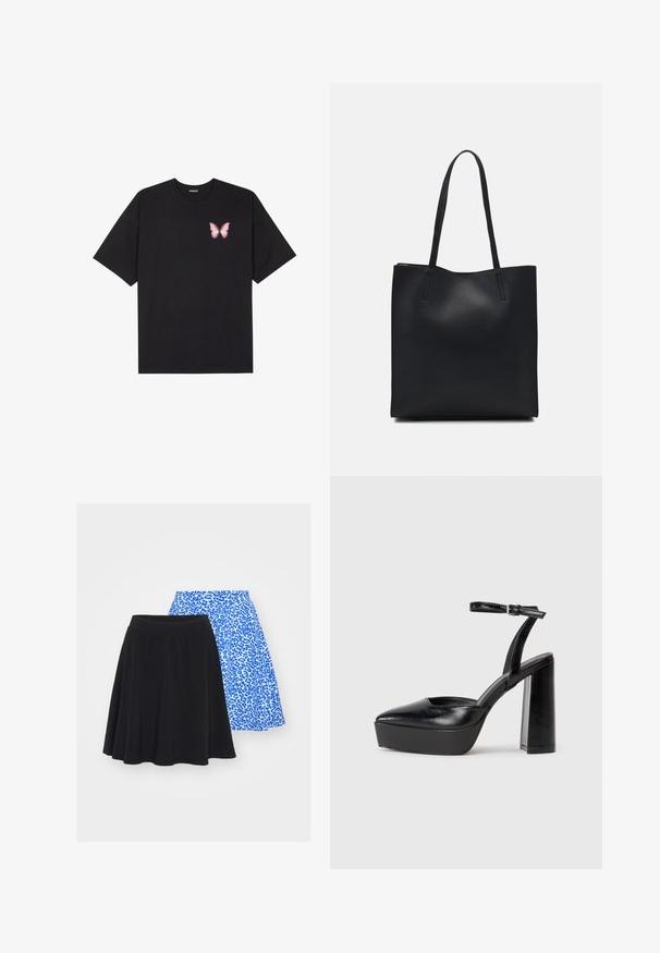 Melna kokvilnas T-krekls ar īsām piedurknēm, kuram priekšā kreisajā pusē ir neliels rozā tauriņa grafiskais attēls. Ar apaļu kaklu un brīvā stila piegriezumu.; Melnas un zilos leopardu printa svārkus ar izplestām malām, elastīgu jostu un gludu auduma tekstūru. Zilajiem svārkiem ir izteiksmīgs raksts.; Melnas platformas papēžs ar norādītu purngala formu un regulējamu potītes siksniņu. Izgatavotas no gludas ādas, ar masīvu bloku papēdi.; Melnas ādas somiņa ar gludu tekstūru, taisnstūra formu un divām garām rokturiem. Nav redzamu aparatūras vai rotājumu.