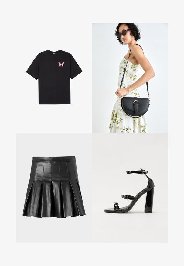 Fekete pamut póló rövid ujjakkal, bal mellkason egy kis rózsaszín pillangó grafikával. Kerek nyakú kialakítás, laza fazonnal.; Fekete, redőzött mini szoknya sima bőrből, melynek testhezálló derékrésze és több függőleges varrása van. A díszes redők fokozzák a térfogatot.; Fekete lakk magas sarkú szandál négyzet alakú orral, bokapántokkal és ezüst csatokat tartalmaz. Masszív blokk sarka a stabilitásért felel.; Fekete bőrtáska ívelt formával, levehető pánttal és arany színű fémrészekkel. A táskán egy csattal díszített fedél található.