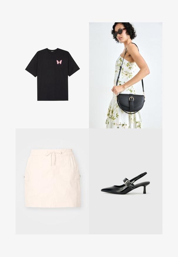 Camiseta de algodón negra de manga corta, con un pequeño gráfico de mariposa rosa en el lado izquierdo del pecho. Diseño de cuello redondo con un corte relajado.; Falda de algodón color beige claro con cintura elástica y cordones, dos bolsillos laterales y un diseño recto. Textura suave.; Zapatos de tacón en charol negro con tira al tobillo, punta afilada y un pequeño tacón bloque, que cuentan con un acento de hebilla plateada en la correa.; Bolso de piel negra con forma curva, correa desmontable y herrajes dorados. El bolso cuenta con una solapa con un detalle de hebilla.