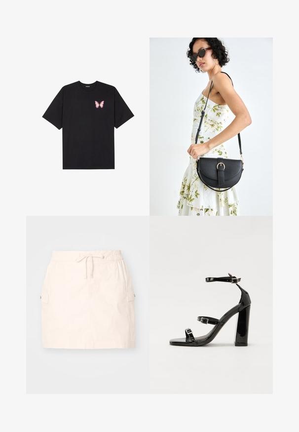 Crna pamučna majica s kratkim rukavima, s malim grafičkim prikazom ružičaste vjetricaste s desne strane na prsima. Dizajn s okruglim izrezom i opuštenim krojem.; Svijetlosmeđa pamučna suknja s elastičnim pojasom s vezicama, dvije bočne džepove i ravno rezanje. Glatka tekstura.; Crne lakirane sandale na visoku petu s dva remena s kopčama, kvadratnim vrhom i masivnom blok petom, s glatkom, sjajnom teksturom.; Crna kožna torba s lukovitim oblikom, odvojivim remenom i zlatnim detaljima. Torba ima preklop s kopčom.