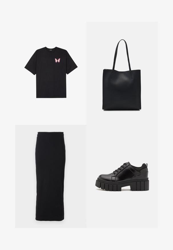 Melna kokvilnas T-krekls ar īsām piedurknēm, kuram priekšā kreisajā pusē ir neliels rozā tauriņa grafiskais attēls. Ar apaļu kaklu un brīvā stila piegriezumu.; Melnā, ribota, līdz ceļiem saslēgta svārku ar elastīgu jostu; gluda tekstūra un vienkāršs, neizsmalcināts dizains.; Melnas ādas platformas kurpes ar masīvu bloku papēdi, apaļu purngalu un tradicionālu saistīšanas dizainu. Izceļas ar gludu tekstūru un minimālu apdari.; Melnas ādas somiņa ar gludu tekstūru, taisnstūra formu un divām garām rokturiem. Nav redzamu aparatūras vai rotājumu.