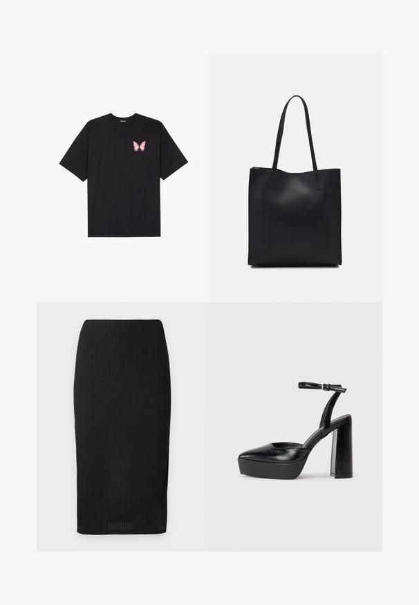 Čierne bavlnené tričko s krátkymi rukávmi, s malým ružovým motýlikom na ľavej hrudi. Design s okrúhlym výstrihom a uvoľneným strihom.; Čierna rebrovaná ceruzková sukňa s priliehavým strihom, ktorá má hladkú textúru a dĺžku po kolená. Jednoduchý pás bez ozdôb.; Čierne platformové podpätky so špicatou špičkou a nastaviteľným členkovým remienkom. Vyrobené z hladkej kože a so robustným blokovým podpätkom.; Čierna kožená taška na rameno s hladkým povrchom, obdĺžnikovým tvarom a dvoma dlhými uchami. Bez viditeľného kovania alebo ozdôb.