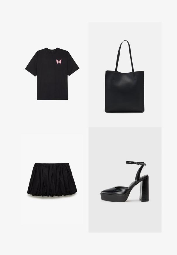 Camiseta de algodón negra de manga corta, con un pequeño gráfico de mariposa rosa en el lado izquierdo del pecho. Diseño de cuello redondo con un corte relajado.; Falda negra de algodón, con un diseño fruncido, cinturilla elástica y una forma voluminosa con una textura suave.; Zapatos de tacón negro con punta afilada y correa ajustable en el tobillo. Confeccionados en cuero suave, presentan un tacón grueso.; Bolso tote de cuero negro con textura lisa, forma rectangular y dos asas largas. Sin herrajes ni adornos visibles.