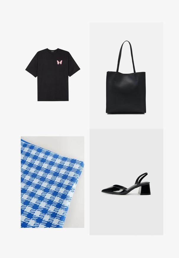 Zwarte katoenen t-shirt met korte mouwen, voorzien van een kleine roze vlinder graphic op de linkerkant van de borst. Crew neck ontwerp met een relaxte fit.; Blauw en lichtblauw houndstooth-patroon stof met een gestructureerd breidesign, met een gladde afwerking en zachte uitstraling.; Zwarte gepatineerde leren slingback hakken met een spitse neus en een geometrische blokhak. Kenmerkt zich door een slank, minimalistisch ontwerp en een gladde textuur.; Zwarte leren handtas met een gladde textuur, rechthoekige vorm en twee lange handvaten. Geen zichtbare hardware of versieringen.