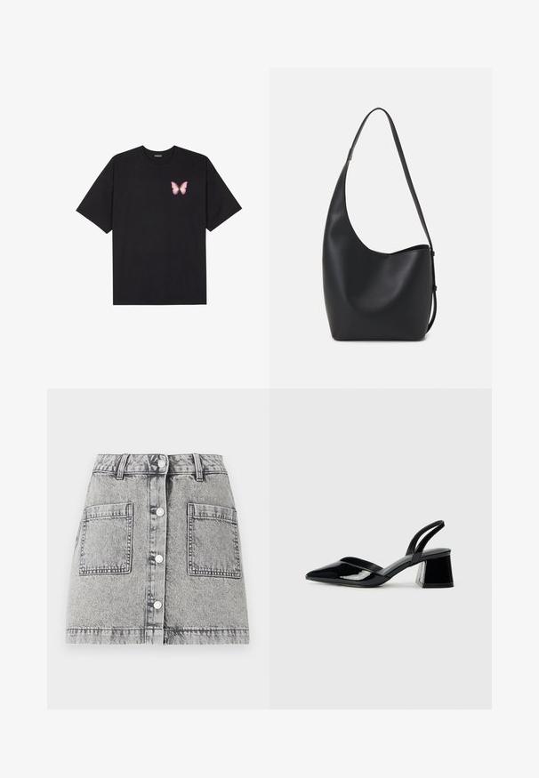 Fekete pamut póló rövid ujjakkal, bal mellkason egy kis rózsaszín pillangó grafikával. Kerek nyakú kialakítás, laza fazonnal.; Világosszürke farmer szoknya, kopottas textúrával, gombos elejével, két nagy elülső zsebbel és egyenes szabással.; Fekete lakk bőr szandálkés magas sarkú cipő, hegyes orral és geometrikus tömbsarkakkal. Karcsú, minimalista dizájn és sima textúra jellemzi.; Fekete bőr hobo táska sima textúrával, ívelt formával és egyetlen állítható pánttal; széles nyílás található a tetején.