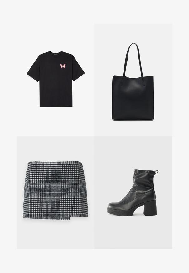 Črna bombažna majica s kratkimi rokavi, ki ima majhen roza metuljček na levi strani prsnega dela. Majica s krožnim ovratnikom in sproščenim krojem.; Wool mini krilo z vzorcem črno-belega houndstootha, ravne krojen, z rahlo asimetričnim robom in teksturirano tkanino.; Črne gležnjarje iz gladke kože z božnim zadrgo, masivnim teksturiranim peto in zaobljeno obliko prstov.; Črna usnjena torba s svilnato teksturo, pravokotne oblike in dvema dolgima ročajema. Brez vidnih metalnih delov ali okrasnih elementov.