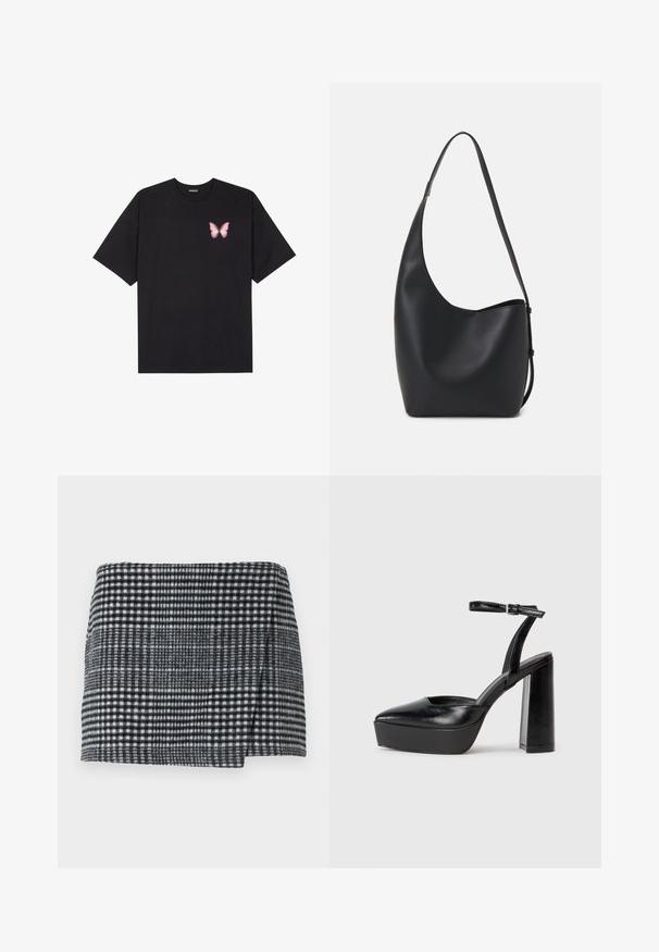 Sort bomulds T-shirt med korte ærmer, prydet med en lille pink sommerfugl grafik på venstre bryst. Rund hals design med en afslappet pasform.; Uld mini nederdel med et sort og hvidt hundetandmønster, lige skæring med en let asymmetrisk kant og struktureret stof.; Sorte platformhæle med spidse tæer og justerbar ankelrem. Construeret i glat læder, med en kraftig blokhæl.; Sort læder hobo taske med en glat overflade, buet form og en enkelt justerbar rem; har en bred åbning øverst.