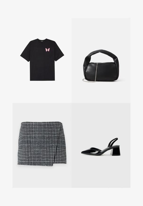 Tricou negru din bumbac cu mâneci scurte, având pe partea stângă a pieptului un mic grafic cu un fluture roz. Design cu guler rotund și croială lejeră.; Fustă mini din lână cu un model houndstooth alb-negru, croială dreaptă cu un tiv ușor asimetric și țesătură texturată.; Pantofi cu toc slingback din piele lacuită neagră, cu vârf ascuțit și toc geometric. Prezintă un design elegant, minimalist și o textură netedă.; Geantă de piele neagră, cu o formă rotunjită, mânere groase și o curea de lanț argintie. Textură netedă, cu o ușoară strălucire.