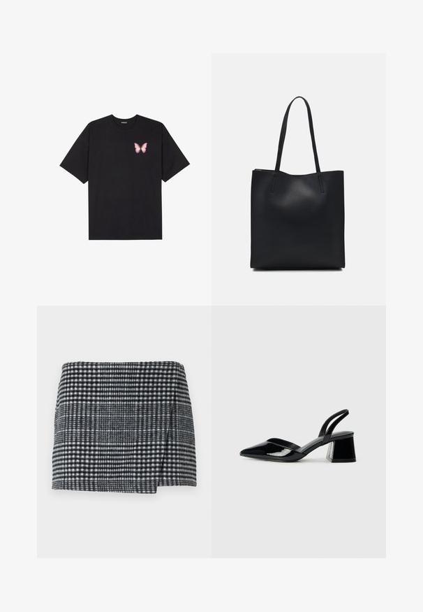 T-shirt en coton noir à manches courtes, avec un petit graphique de papillon rose sur la poitrine gauche. Modèle à col rond avec une coupe décontractée.; Jupe mini en laine présentant un motif pied-de-poule noir et blanc, coupe droite avec un ourlet légèrement asymétrique, et tissu texturé.; Escarpins en cuir verni noir avec bout pointu et talon bloc géométrique. Présente un design élégant et minimaliste ainsi qu'une texture lisse.; Sac fourre-tout en cuir noir avec une texture lisse, de forme rectangulaire et deux longues poignées. Pas de matériel ou d'ornementations visibles.