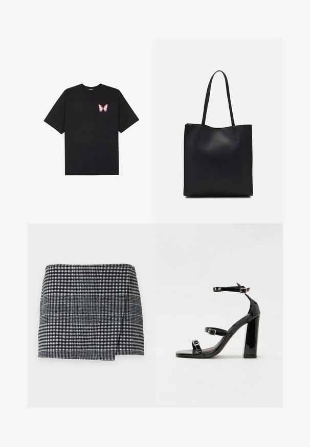 T-shirt nera in cotone con maniche corte, caratterizzata da una piccola grafica di una farfalla rosa sul lato sinistro del petto. Design a girocollo con una vestibilità rilassata.; Gonna mini in lana con un motivo a scacchi bianco e nero, taglio dritto con orlo leggermente asimmetrico e tessuto testurizzato.; Sandali con tacco in vernice nera, con punta squadrata, cinturini alla caviglia e fibbie in argento. Presentano un tacco a blocco spesso per maggiore stabilità.; Borsa tote in pelle nera con texture liscia, forma rettangolare e due manici lunghi. Nessun hardware o decorazione visibile.