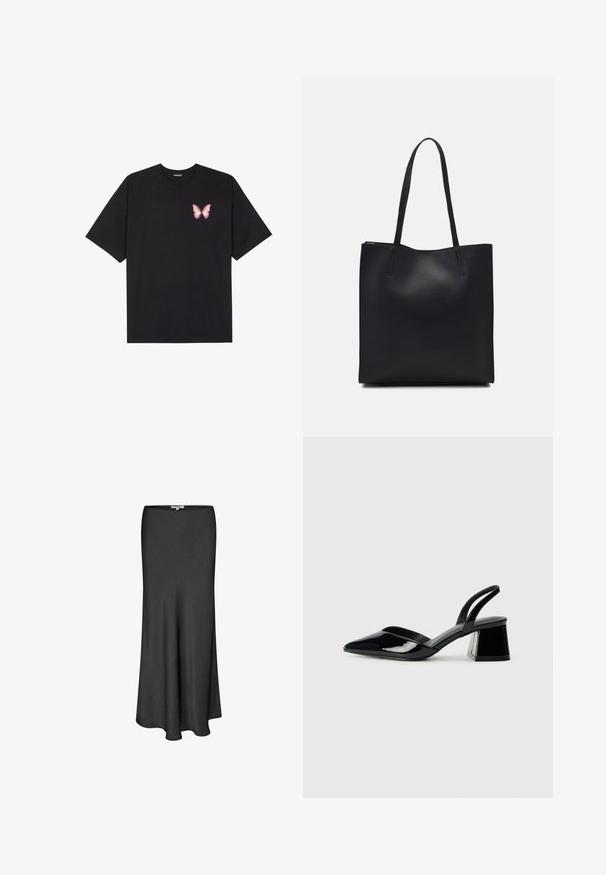 Melna kokvilnas T-krekls ar īsām piedurknēm, kuram priekšā kreisajā pusē ir neliels rozā tauriņa grafiskais attēls. Ar apaļu kaklu un brīvā stila piegriezumu.; Melnas midi svārki, izgatavoti no gludas auduma, ar plūstošu A-līnijas dizainu, vienkrāsaini un ar smalku tekstūru visā virsmā.; Melna lakota āda ar atvērto papēdi, ar smailu purngalu un ģeometrisku blokpapēdi. Iezīmējas elegants, minimāls dizains un gluda tekstūra.; Melnas ādas somiņa ar gludu tekstūru, taisnstūra formu un divām garām rokturiem. Nav redzamu aparatūras vai rotājumu.