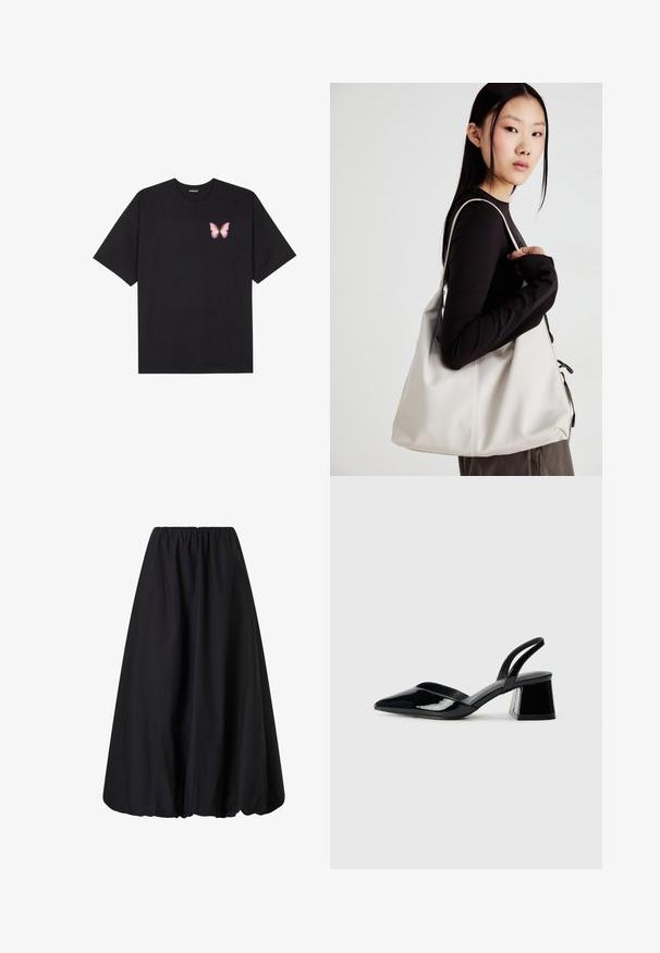 Sort bomulds T-shirt med korte ærmer, prydet med en lille pink sommerfugl grafik på venstre bryst. Rund hals design med en afslappet pasform.; Ellos Collection BALLON - A-snit nederdel - schwarz; Sorte patentlæder slingback hæle med spids tå og en geometrisk blok hæl. Har et elegant, minimalistisk design og en glat tekstur.; Beige håndtaske lavet af blødt materiale med et slouchy design, stikninger og to skulderremme. Velegnet til daglig brug.