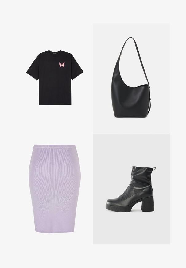 Melna kokvilnas T-krekls ar īsām piedurknēm, kuram priekšā kreisajā pusē ir neliels rozā tauriņa grafiskais attēls. Ar apaļu kaklu un brīvā stila piegriezumu.; Ribota zīmuļu svārki gaismas purpursarkanā krāsā ar pieguļošu dizainu. Iezīmes augsts jostasvīrs, gluda tekstūra un ceļgalu garuma griezums.; Melni potītes zābaki, kas izgatavoti no gludas ādas, ar sānu rāvējslēdzēju, masīvu strukturētu papēdi un noapaļotu purngalu.; Melnas ādas hobo soma ar gludu tekstūru, izliekta forma un vienu regulējamu jostu; augšā ir plaša atvere.