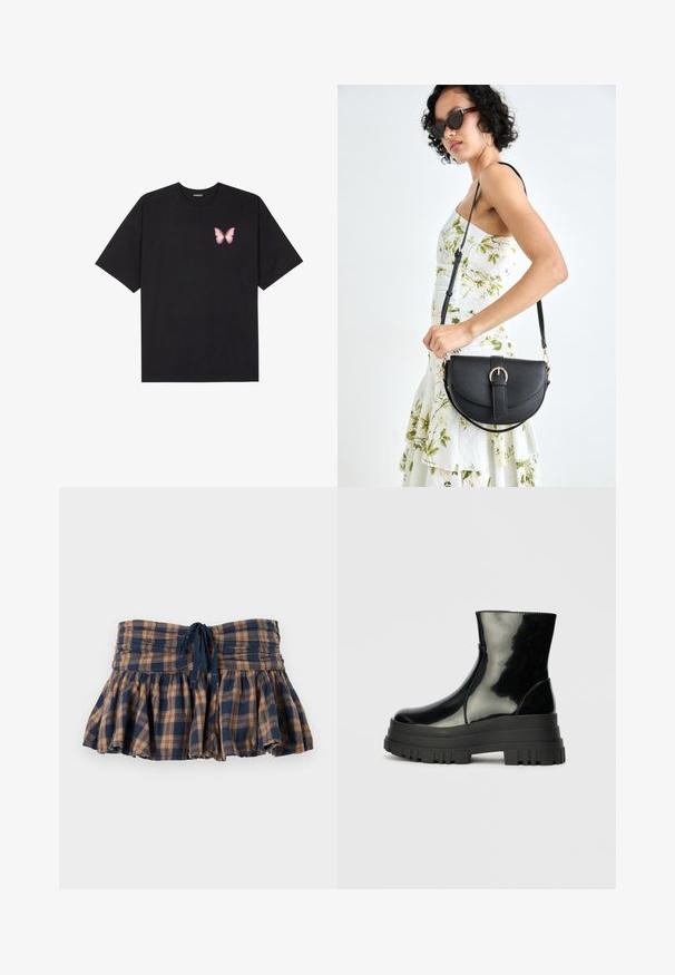 T-shirt de algodão preto com mangas curtas, apresentando um pequeno gráfico de borboleta rosa no lado esquerdo do peito. Design de gola redonda com um corte solto.; Saia mini plissada em padrão xadrez nas cores castanho e azul-marinho, feita de tecido leve. Apresenta uma cintura franzida e um laço ajustável para um melhor ajuste.; Bota de tornozelo preta e brilhante com sola grossa e arredondada, vista lateral sobre fundo cinza claro.; Bolsa de couro preta com forma curva, alça destacável e detalhes em dourado. A bolsa possui uma aba com detalhe de fivela.