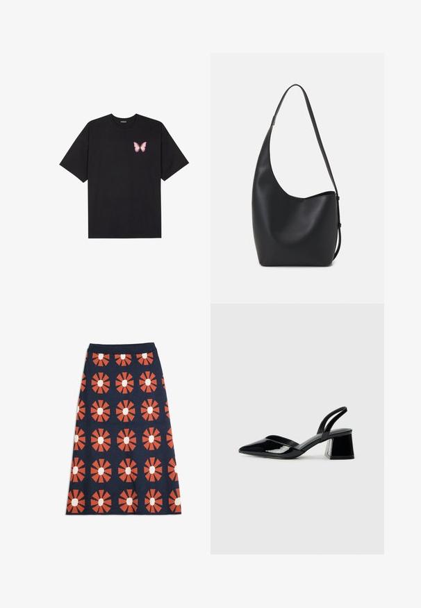 Black cotton t-shirt with short sleeves, featuring a small pink butterfly graphic on the left chest. Crew neck design with a relaxed fit.; Navy blue A-line skirt with repeating orange geometric flower motifs featuring white centers and a solid waistband.; Black patent leather slingback heels with a pointed toe and a geometric block heel. Features a sleek, minimal design and smooth texture.; Black leather hobo bag with a smooth texture, curved shape, and single adjustable strap; features a wide opening at the top.
