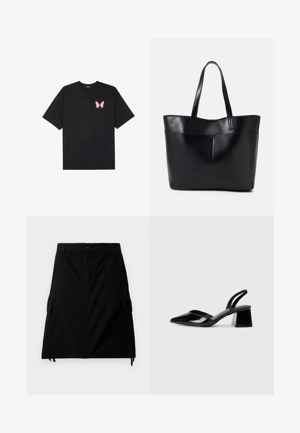 Melna kokvilnas T-krekls ar īsām piedurknēm, kuram priekšā kreisajā pusē ir neliels rozā tauriņa grafiskais attēls. Ar apaļu kaklu un brīvā stila piegriezumu.; Melnā kravas svārki, izgatavoti no kokvilnas maisījuma auduma ar taisnu piegriezumu, ar sānu kabatām, priekšējo pogu aizdari un regulējamu auklu apakšā.; Melna lakota āda ar atvērto papēdi, ar smailu purngalu un ģeometrisku blokpapēdi. Iezīmējas elegants, minimāls dizains un gluda tekstūra.; Melnas ādas iepirkumu soma ar divām garām rokturām, gludu tekstūru un strukturētu formu. Iekļauj priekšējo kabatu papildu uzglabāšanai.