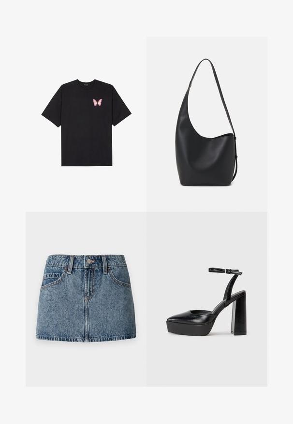T-shirt de algodão preto com mangas curtas, apresentando um pequeno gráfico de borboleta rosa no lado esquerdo do peito. Design de gola redonda com um corte solto.; Saia mini de denim em lavagem azul média, com cintura ajustada, bolsos frontais e detalhes de costura sutis. Acabamento de tecido suave e texturizado.; Saltos altos pretos com bico fino e atilho ajustável no tornozelo. Confeccionados em couro suave, apresentam um salto bloco robusto.; Saco hobo preto em pele com uma textura lisa, forma curva e uma única alça ajustável; apresenta uma abertura larga na parte de cima.