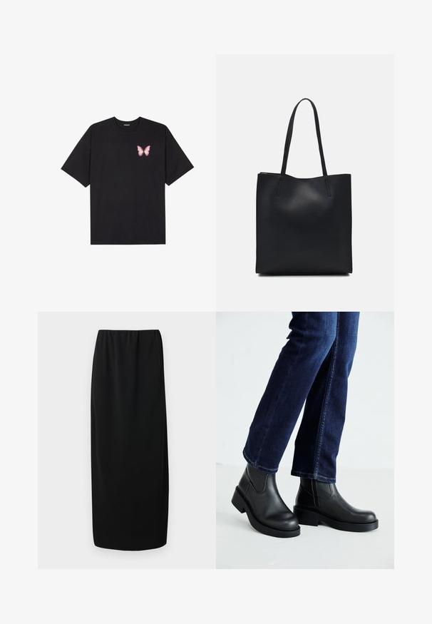 Crna pamučna majica s kratkim rukavima, s malim grafičkim prikazom ružičaste vjetricaste s desne strane na prsima. Dizajn s okruglim izrezom i opuštenim krojem.; Crna midi suknja s elastičnom trakom. Izrađena od glatkog materijala, ima ravni kroj i nema dodatnih uzoraka ili ukrasa.; Crne kožne gležnjače s debelim potplatom i bočnim elastičnim panelima, uparene s tamnoplavim trapericama. Podlogu čini svijetla boja.; Crna kožna torba za nošenje s glatkom teksturom, pravokutnim oblikom i dvije duge ručke. Nema vidljivih metalnih dijelova ili ukrasa.