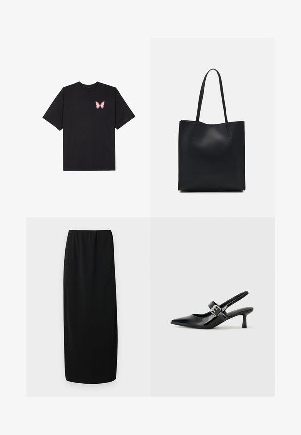 Čierne bavlnené tričko s krátkymi rukávmi, s malým ružovým motýlikom na ľavej hrudi. Design s okrúhlym výstrihom a uvoľneným strihom.; Čierna midi sukňa s elastickým pásom. Vyrobená z hladkej tkaniny, má rovný strih a žiadne ďalšie vzory ani ozdoby.; Čierne patentové kožené sandále na podpätku so špicatou špičkou a malým blokovým podpätkom, s dekoratívnou striebornou sponou na remienku.; Čierna kožená taška na rameno s hladkým povrchom, obdĺžnikovým tvarom a dvoma dlhými uchami. Bez viditeľného kovania alebo ozdôb.