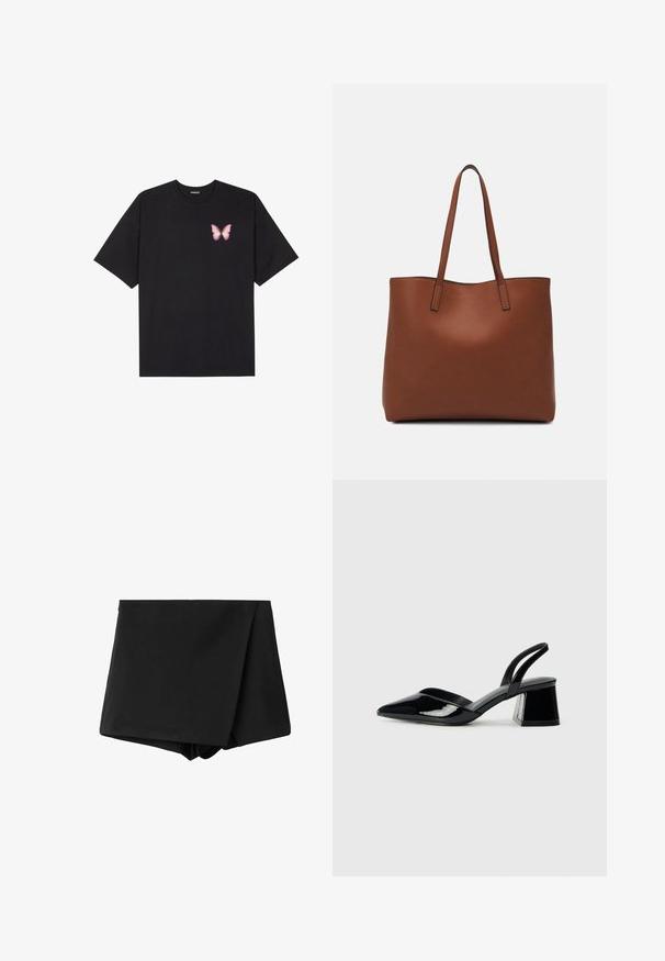 Crna pamučna majica s kratkim rukavima, s malim grafičkim prikazom ružičaste vjetricaste s desne strane na prsima. Dizajn s okruglim izrezom i opuštenim krojem.; Crne kratke hlače sa preklopom, izrađene od glatkog materijala, s visokim strukom i opuštenim krojem. Nema uzoraka ili ukrasa vidljivih.; Crne lakirane kožne sandale s otvorenom petom i špicastim vrhom, s geometrijskom blok petom. Imaju elegantan, minimalistički dizajn i glatku teksturu.; Smeđa kožna torba preko ramena s glatkom teksturom, otvorenim vrhom i dvjema naramenicama. Ima minimalne šavove i nema vidljivog hardvera.